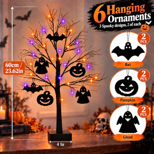 Black Halloween Tree Set with LED Lights - 2 Pack 24 Inch Spooky Decor