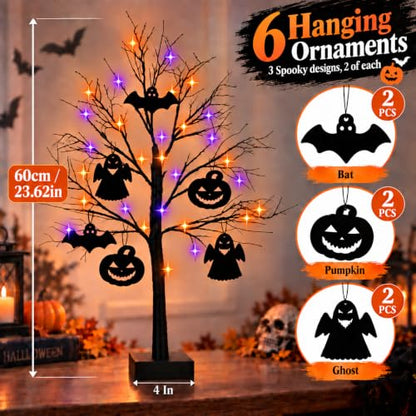 Black Halloween Tree Set with LED Lights - 2 Pack 24 Inch Spooky Decor