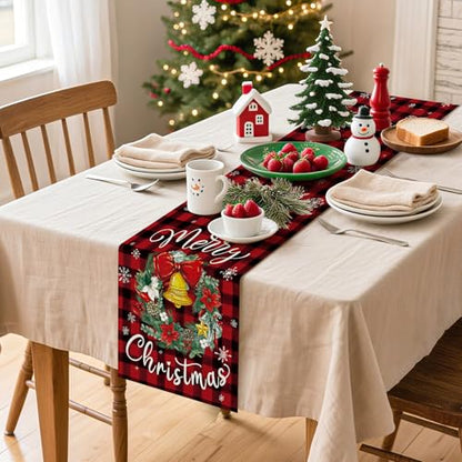 Artscope Buffalo Plaid Red Wreath Table Runner - Christmas Holiday Decor 13x120 Inch