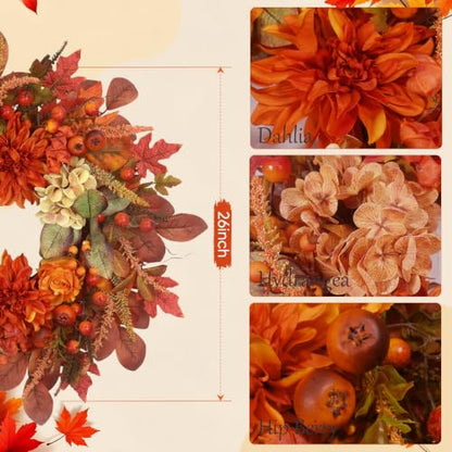 Autumn Harvest Wreath for Front Door - 26 Inch Fall Decor with Orange Dahlias & Maple Leaves