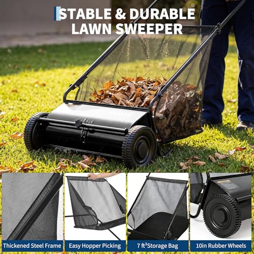 26-Inch Push Lawn Sweeper Leaf & Grass Collector Black with Stepless Height Adjustment