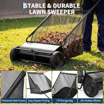 26-Inch Push Lawn Sweeper Leaf & Grass Collector Black with Stepless Height Adjustment