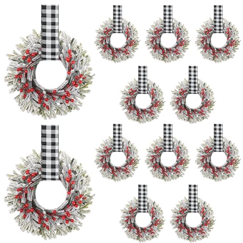 Mini Christmas Wreaths Set with Adjustable Ribbon - White & Black Plaid, 12 Pcs