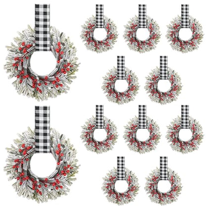 Mini Christmas Wreaths Set with Adjustable Ribbon - White & Black Plaid, 12 Pcs