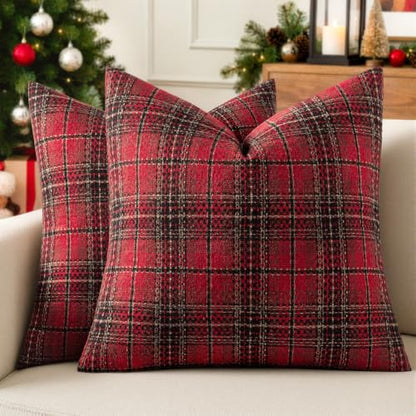 MIULEE Red Tartan Plaid Throw Pillow Covers 20x20 Inch Set of 2 Christmas Home Decor