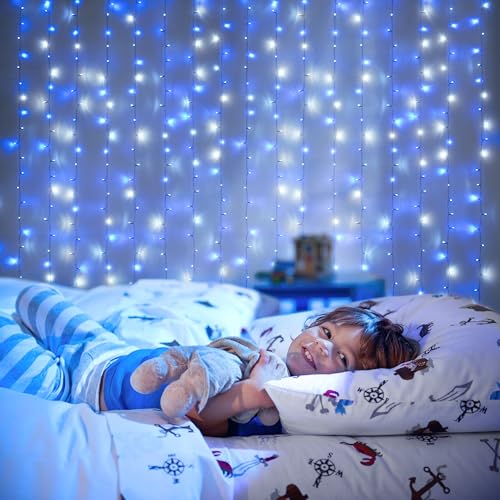 Blue and White Christmas Curtain Lights 300 LEDs 9.8x9.8ft with Remote