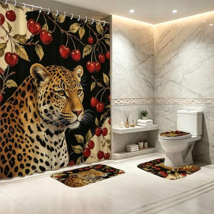 4-Piece Cherry Cheetah Bathroom Curtain Set with Rug and Accessories