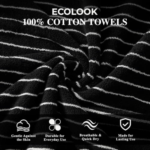 Black 28x55 Inch Bath Towels Set of 4 - Premium 100% Cotton Striped