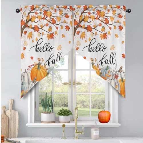 Pumpkin Fall Maple Leaves Swag Valance Curtains for Kitchen & Bedroom - 2 Panels 56W x 36L, Pumpkin04 Variation