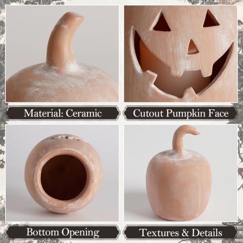 Halloween Fall Pumpkin Decor Tealight Holders, Jack O Lantern Set, Terracotta