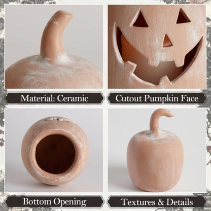 Halloween Fall Pumpkin Decor Tealight Holders, Jack O Lantern Set, Terracotta