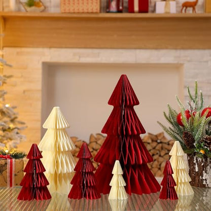 Red Christmas Honeycomb Tree Centerpieces - 7 Pcs 3D Paper Decor