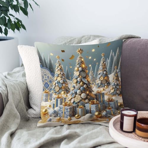 Merry Christmas Tree Throw Pillow Cover 16x16 Inch - Festive Snow Drift Gold Confetti Cushion for Sofa