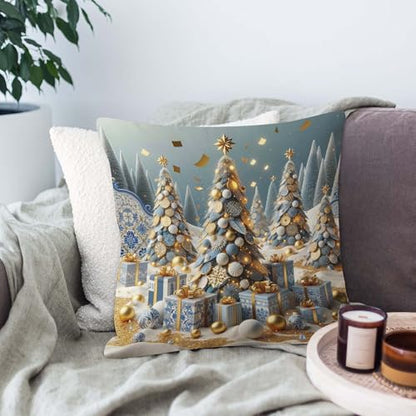 Merry Christmas Tree Throw Pillow Cover 16x16 Inch - Festive Snow Drift Gold Confetti Cushion for Sofa