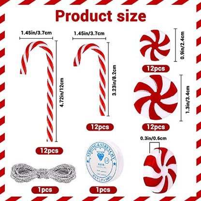 48PCS Christmas Candy Cane Hanging Ornaments Set - Lollipop Decorations with Gold & Silver Wire - Holiday Tree Decor