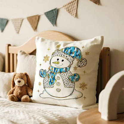 Christmas Snowman Pillow Cover 18x18 - Blue Glitter Winter Decor - Snowman1