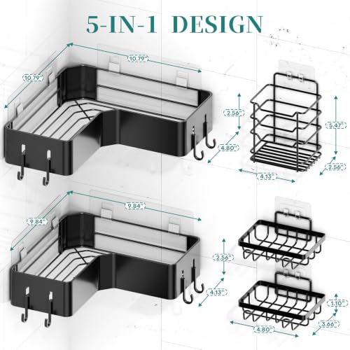 Black Corner Shower Caddy Set - No-Drill Adhesive Bathroom Organizer, 5 Pieces
