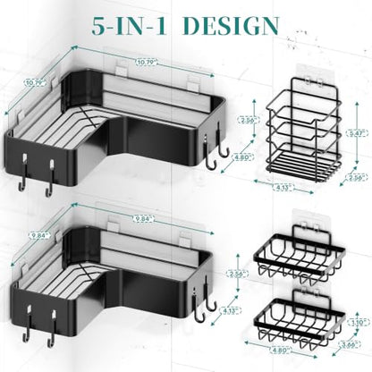 Black Corner Shower Caddy Set - No-Drill Adhesive Bathroom Organizer, 5 Pieces