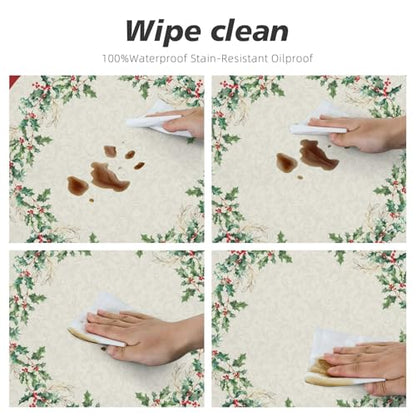 Christmas Round Tablecloth with Elastic Edge - 50 Inch Green Leaf Red Tan