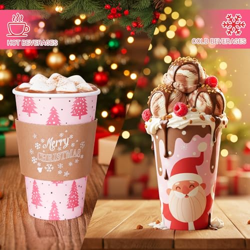 60 Pack Christmas Coffee Cups with Lids & Sleeves - 16 oz Festive Holiday Design Snowflakes Santa Gingerbread Polka Dots