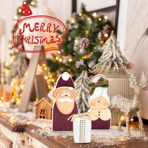 Christmas Decorations Wooden Santa Claus Couple Table Centerpieces - 3 Pcs - Holiday Home Decor