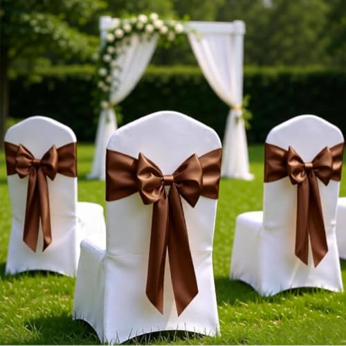 50 Pack Brown Satin Chair Sashes - Wedding Party Baby Shower Decor, Brown Chairs Bows Ties