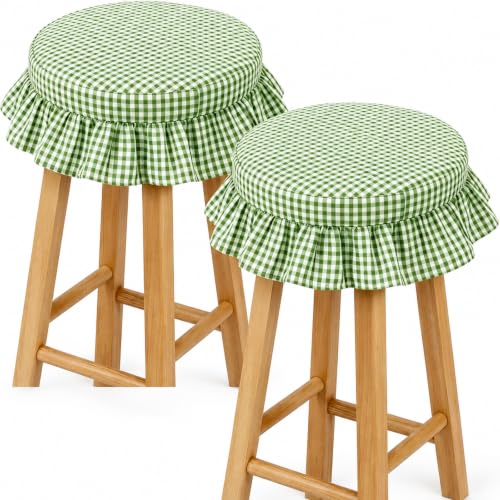 Gingham Ruffled Stool Covers 2-Pack - Green & White Plaid Home Decor