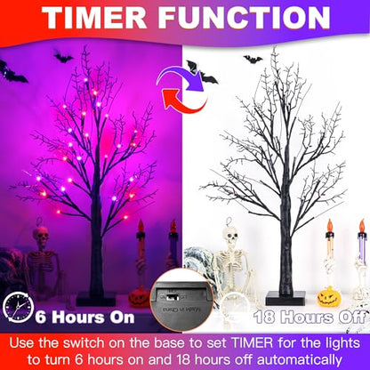 Indoor Halloween Decor 2 Pack Black 24-Inch Tree with Orange & Purple LED Lights - Timer & USB/Battery Operated, Spooky Tabletop Decorations Variation of Orange Purple