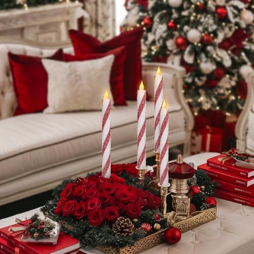 Christmas Flickering Flameless Candy Cane Taper Candles - 6PCS Red & White Stripes, Real Wax, Battery Operated - Variation: Candy Cane-02