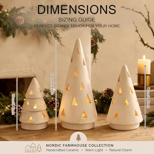 3 Pcs Terracotta Christmas Tree Figurines with LED String Lights - 5.12, 6.69, 9.45 Inches - Rustic Holiday Decor