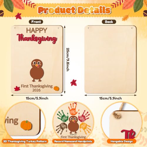 Thanksgiving Turkey Handprint Art Craft Kit with Wooden Sign & 3D Turkey Design - Baby & Toddler DIY Holiday Decor