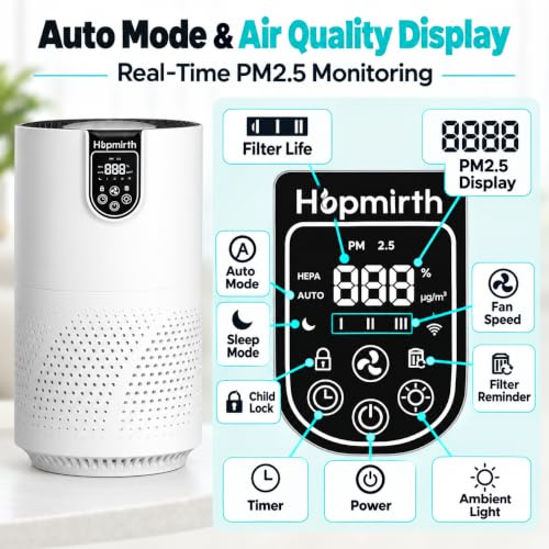 White Upgraded Air Purifier with H14 Filter & PM2.5 Sensor - Covers 2000 Sq Ft