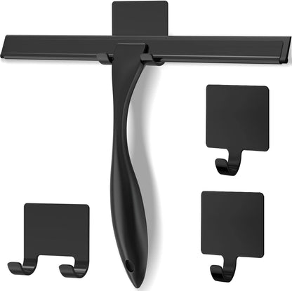 Skiennix Stainless Steel Shower Squeegee - Includes 3 Adhesive Hooks | 12-Inch Black for Glass & Tiles