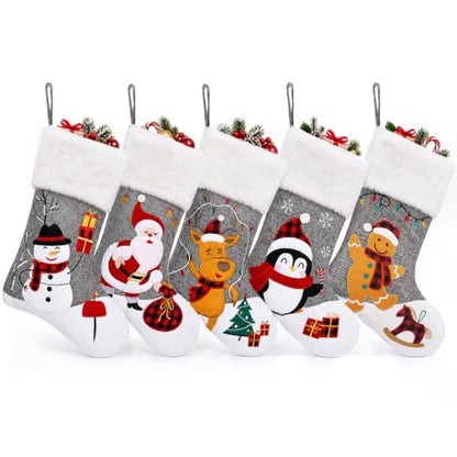 Gray Christmas Stockings Set of 5 - 20 Inch Burlap with Faux Fur Cuff