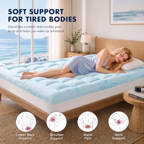 Blue Queen Size Mattress Topper - Extra Thick Pillow Top Cooling Bed Pad