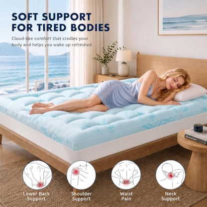 Blue Queen Size Mattress Topper - Extra Thick Pillow Top Cooling Bed Pad
