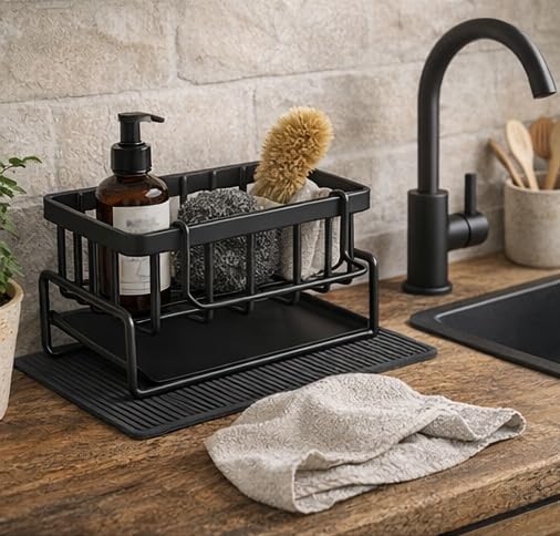 Skiennix Self-Draining Kitchen Sink Caddy - Non-Slip Metal Sponge Holder with Detachable Cloth, Black