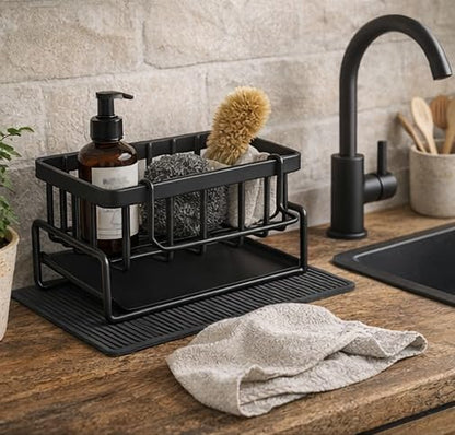Skiennix Self-Draining Kitchen Sink Caddy - Non-Slip Metal Sponge Holder with Detachable Cloth, Black