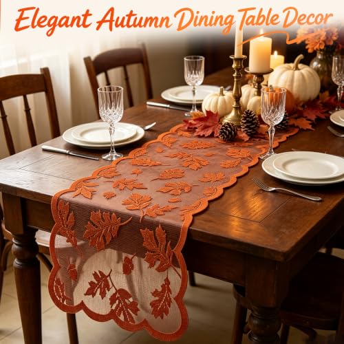 Maple Rust Fall Table Runner 13 x 72 Inches Lace Autumn Decor