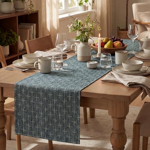 Navy Blue Cross-Star Textured Table Runner 13x60 Inch Waterproof Rustic Dining Decor