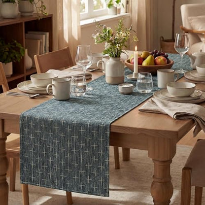 Navy Blue Cross-Star Textured Table Runner 13x60 Inch Waterproof Rustic Dining Decor
