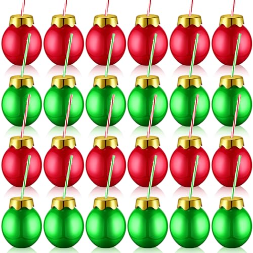 24 Pack Christmas Plastic Ball Cups with Lids & Straws - 12 oz Holiday Party Set