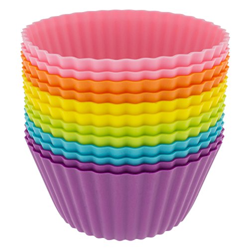 Freshware Silicone Baking Cups [12-Pack] Reusable Cupcake Liners Non-Stick Muffin Cups Cake Molds Cupcake Holder in 6 Rainbow Colors, Large Round