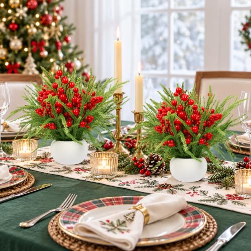 Red and Green 2-Pack Small Christmas Tree with Berries for Indoor Table Decor