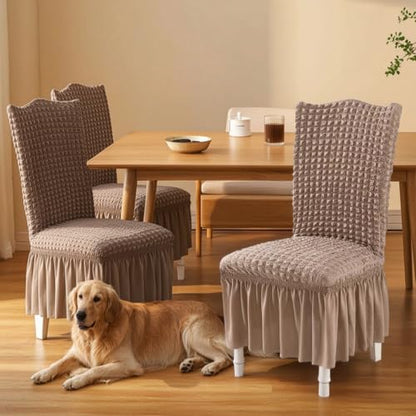 Stretchable Dining Chair Slipcover with Skirt Bubble Texture Khaki