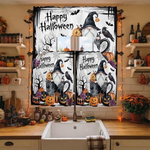 Halloween Swag Kitchen Curtains Set Black and White 3 Pieces with Snow & Orange Variations