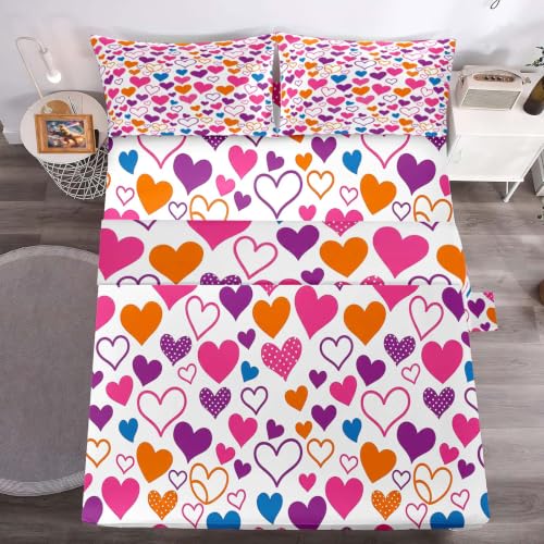 Vibrant Hearts Bed Sheet Set for Girls and Teens - Full Size, Multi-46 Variation