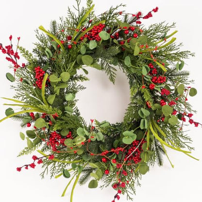 Christmas Wreaths - 24 Inch Artificial Holiday Front Door Decor with Eucalyptus & Berries - Handmade, Reusable, Outdoor Wall Farmhouse Xmas Decoration