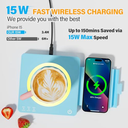 Blue Coffee Mug Warmer with Wireless Phone Charging - 15W, 3 Heat Settings, Auto Off