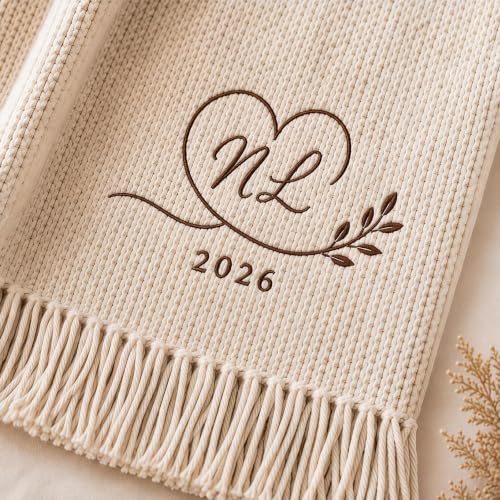 Personalized Knitted Throw Blanket with Embroidery & Tassel Edges - Wedding Gift